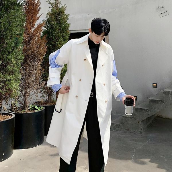 

men's trench coats autumn winter retro fashion atmosphere korean mid-length coat stitching fake two-piece over-the-knee windbreaker, Tan;black