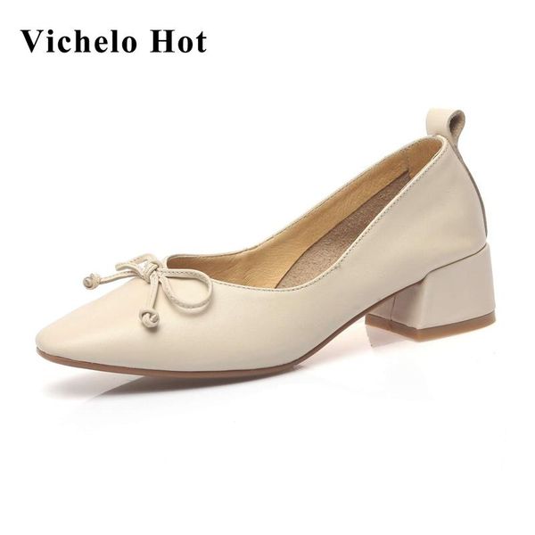 

vichelo original design big size natural leather square toe med heel butterfly-knot french romantic fashion women pumps l2f3, Black