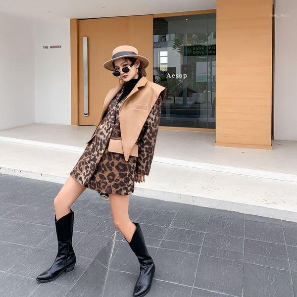 

superaen medium length leopard print contrast woolen coat women 2021 winter new design shawl jackets1, Tan;black
