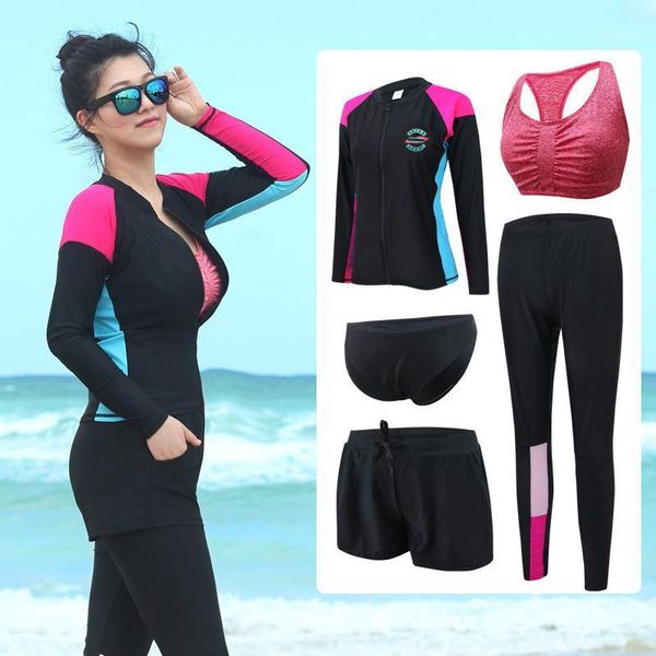 

plus size women's 5pcs set rash guard & bottoms long sleeve bathing suits uv sun protection swim shirt leggings men's 3pcs1
