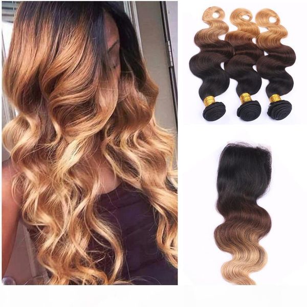 

ombre human hair extensions with lace closure virgin peruvian body wave 3 three tone brown blonde 1b 4 27# ombre hair weave bundles, Black;brown