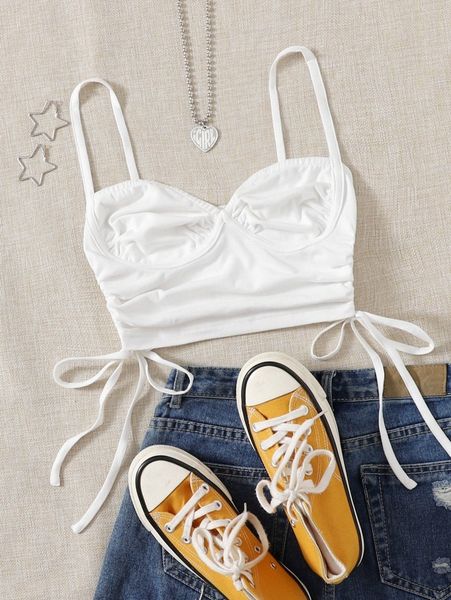 

drawstring ruched side bustier cami t5dm#, White