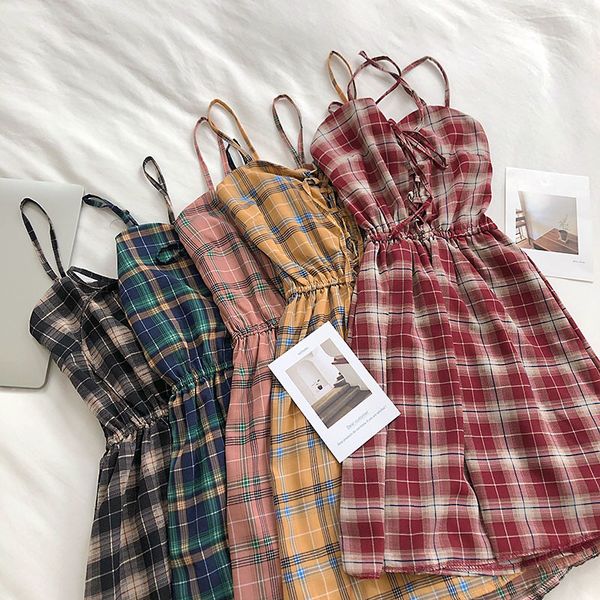 

summer casual straps playsuit women plaid elastic high waist wide leg jumpsuit female fashion vintage yellow red overall t200704, Black;white