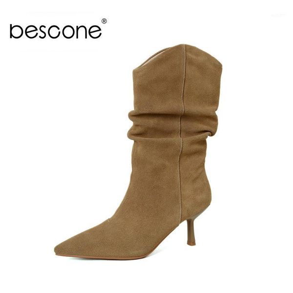 

boots bescone mature style mid-calf woman pleated brown cow suede pointed toe high thin heel boot lady shoes bm6301, Black