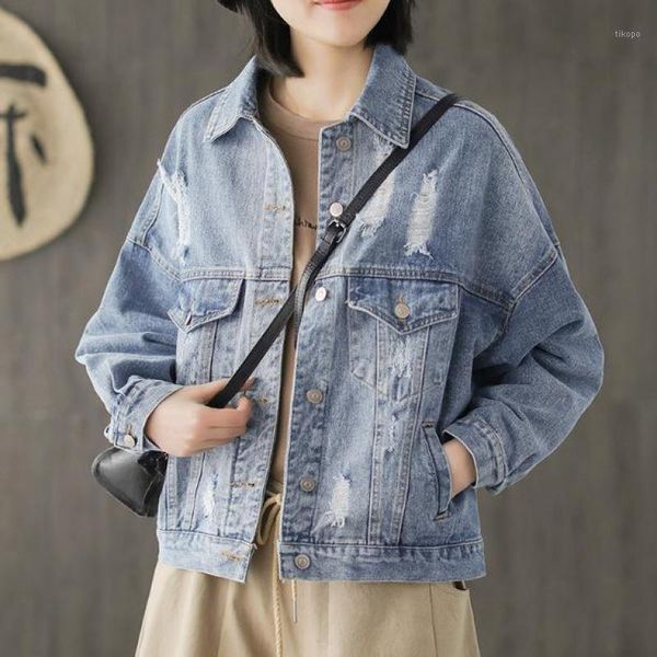 

johnature ladies denim jackets casual 2020 new autumn clothes turn-down collar single breasted loose women vintage coats1, Black;brown