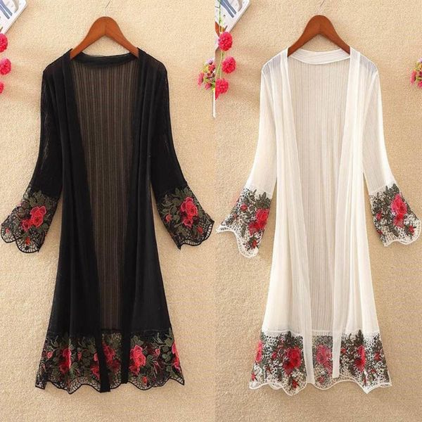 

flower embroidery long sleeve summer beach kimonos cardigan women bikini cover up summer beach kimonos cardigan women bikini cov, White