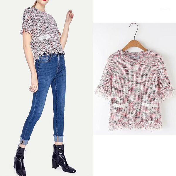 

2019 fashion tassel knitted tweed short sleeve women and blouses summer new casual o neck loose female pullover blusas1, White;black