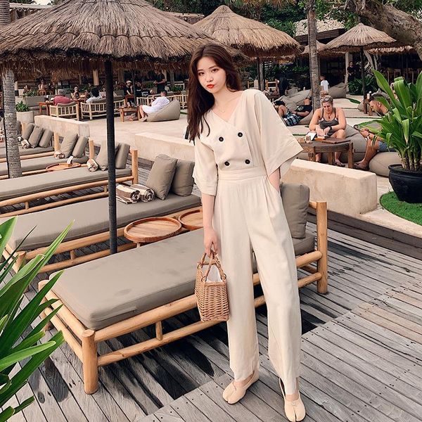 

sense of falling jumpsuit women's spring and summer tooling 2019 was thin wide leg pants female loose straight high waist1, Black;white
