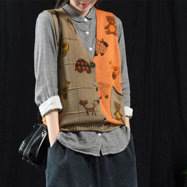 

2021 autumn new retro art cartoon print knitted vest sleeveless sweater cardigan 60116 lpp drop shipping, White;black