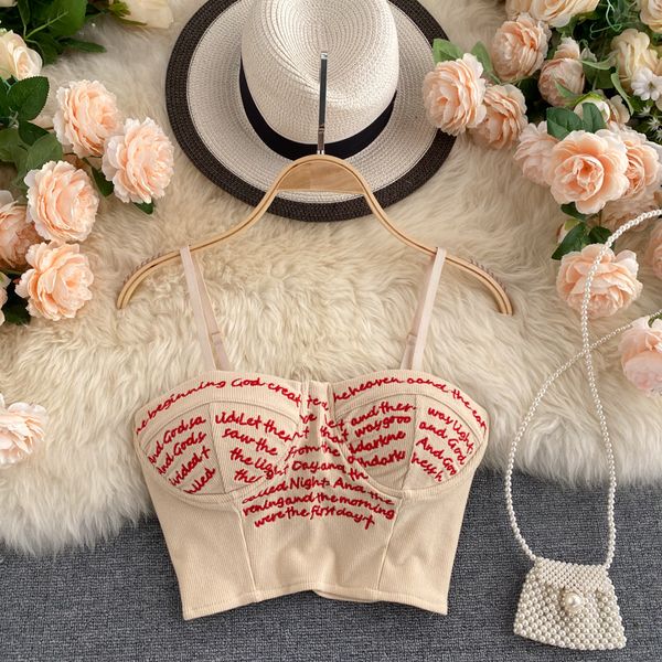 

2021 new singiny design letter-embroidered y2k female no back skinny short summer sweater off the shoulder strap harvest quyk, White
