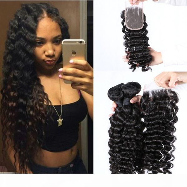 

brazilian deep wave human hair weaves with 4x4 lace frontal ear to ear full head natural color unprocessed human hair, Black;brown