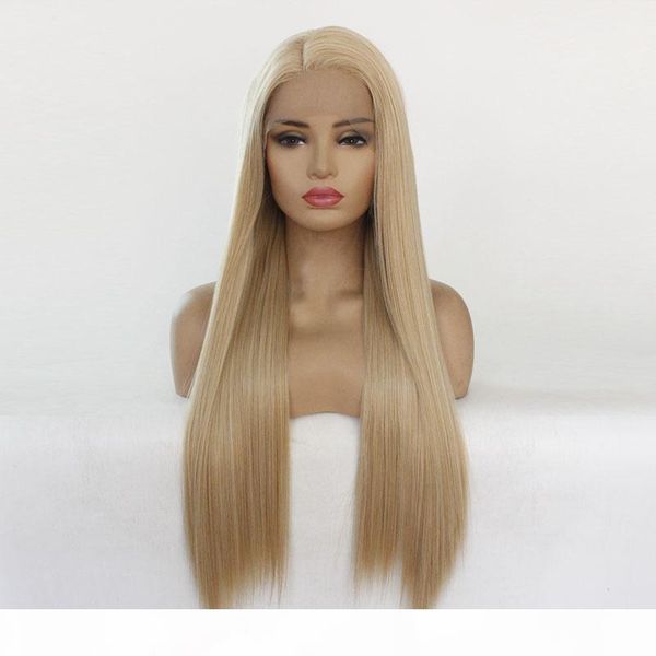 

synthetic lace front wigs long blonde color silky straight for black women brown mixed color heat resistant fiber hair