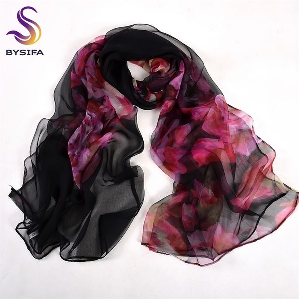 

bysifa] chinese peony black pink ladies silk scarf spring winter large size women long scarves beach shawl 170*105cm y201024, Blue;gray