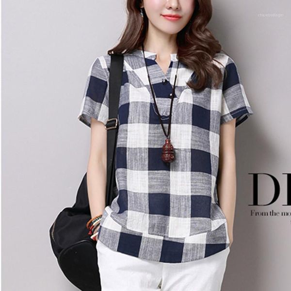 

women shirt plaid printed short sleeve v-neck large size cotton and linen shirt t-shirt tide loose long sleeve plaid1, White