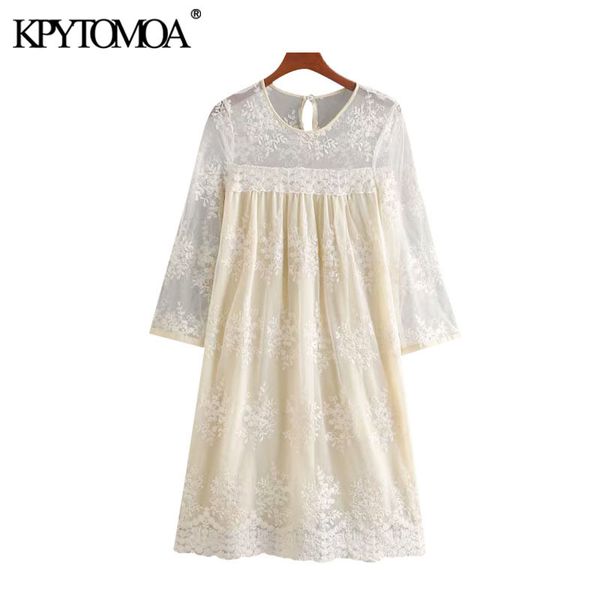 

kpytomoa women 2020 chic fashion floral embroidery lace dress vintage see through sleeves with lining female dresses vestidos y0118, Black;gray