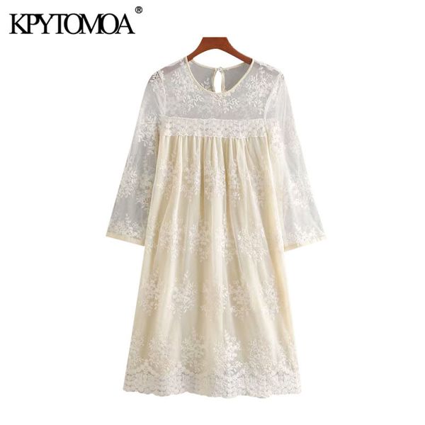 KPYTOMOA Donne 2020 Chic Moda Ricamo Floreale Abito di Pizzo Vintage Vedere Attraverso Maniche Con Fodera Abiti Femminili Abiti Y0118