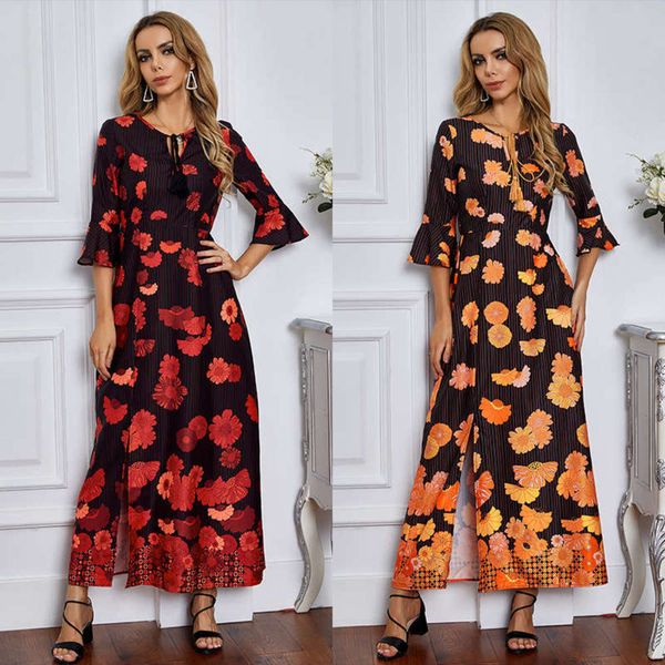 

printed sleeve 2020 long women's v-neck bohemian dress for women, Black;gray