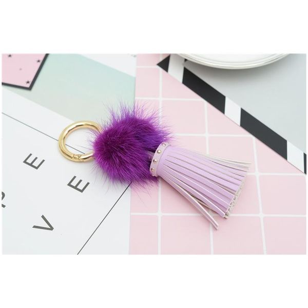 

real mink fur ball key chain with pu leather tassels for women bag key ring holder jewelry pendant neh812 f sqcopx, Silver
