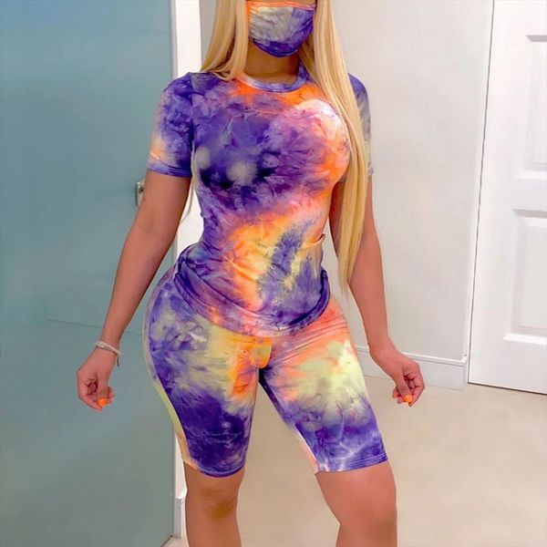 

cysincos summer tie dye печати tshirt шорты комплект из двух частей set lounge одежды с маской sportwear run бег femme tracksuit 2020, Gray