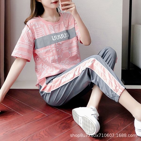 

4td4n new casual sports suit short-sleeved sportswear sportswear summer women's women's 2020 two-pie internet celebrity suit cloth, Gray