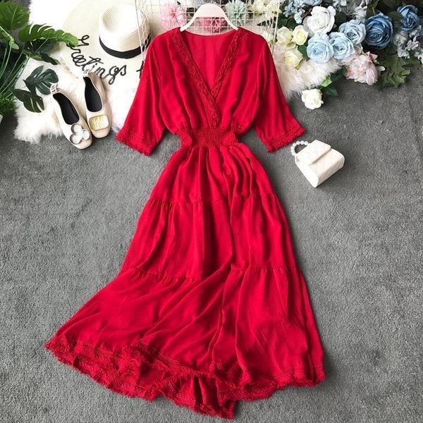 

summer 2021 red white hollow out patchwork maxi dress elegant v neck empire retro women long dress vintage a line verano beach, Black;gray