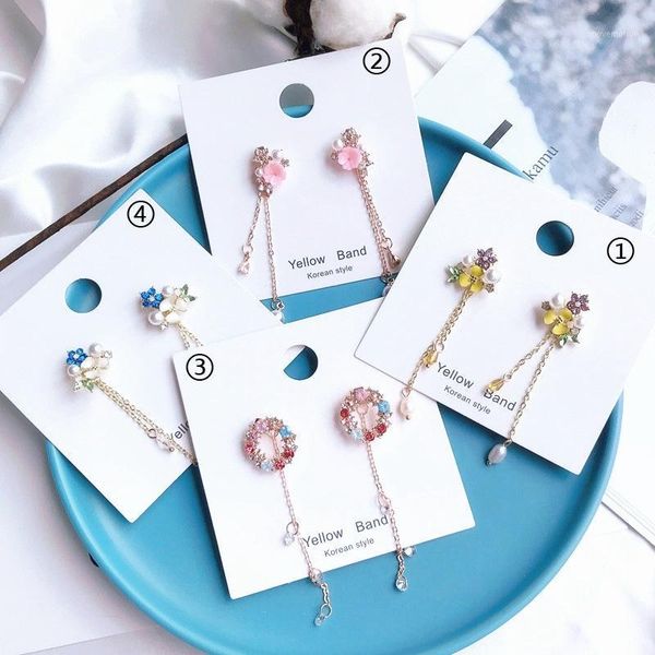 

sweet korean girls crystal flower fashion jewelry tassel drop earrings simulated pearl design for women metal pendientes1, Silver