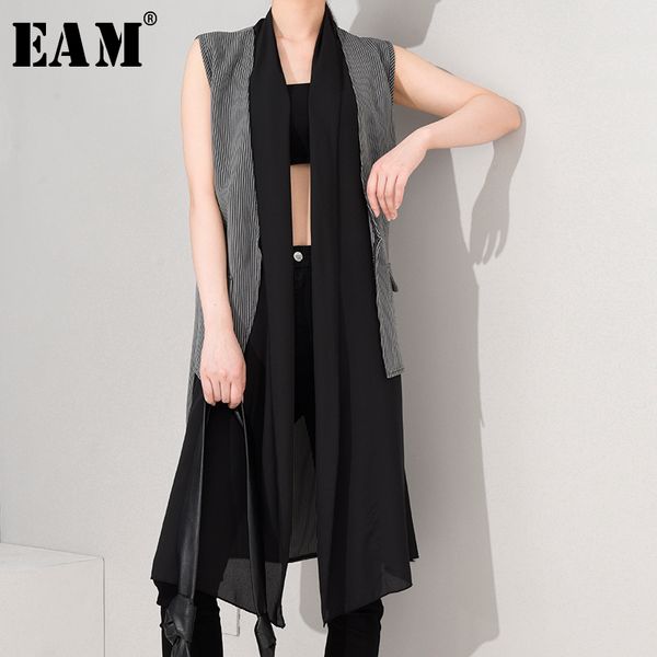 

eam] women loose fit striped chiffon stitch irregular vest new v-collar sleeveless fashion tide spring summer 2020 jx79701 1023, Black;white