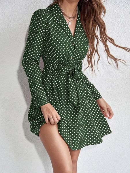 

polka dot print button front belted shirt dress o8xo#, Black;gray