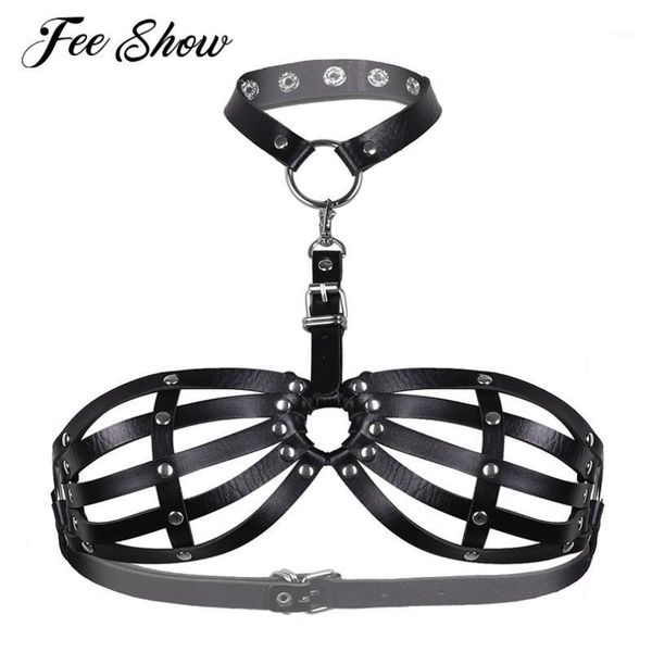 

fetish women fashion punk faux leather bra erotic cosplay costumes clubwear strappy adjustable body chest cage half harness1, Red;black