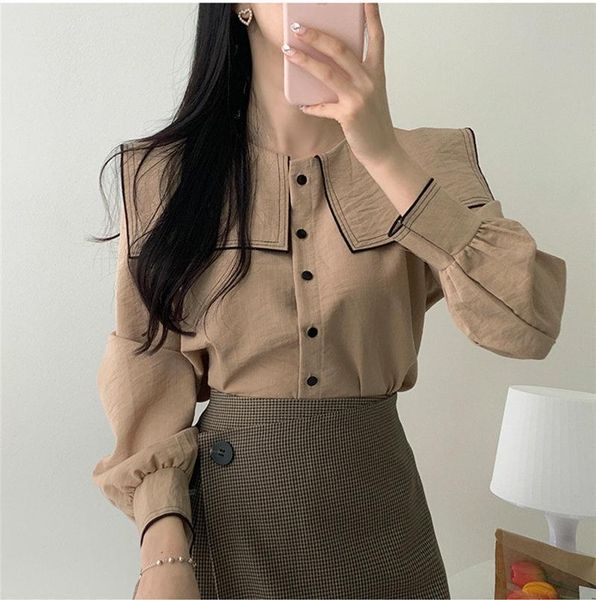 

new vintage solid brown shirt female oversize women long sleeve girls blouse plus size autumn women blouses femme blusas, White