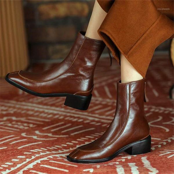 

boots fashion square toe thick heel black brown leather short autumn and winter ladies high heel1