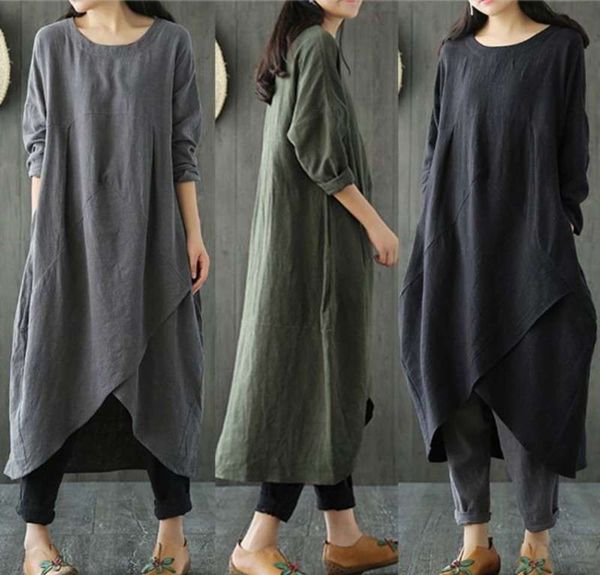 

summer large women's new spring and national style by shoulder sleeve cotton linen loose show thin dress, Black;gray