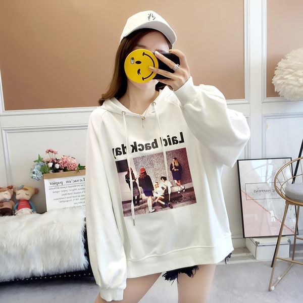 

f20dh coat autumn new loose slimming large size long sweater women's letter printing hooded coat sleeve sweater mid-length 2020 fashion, Black
