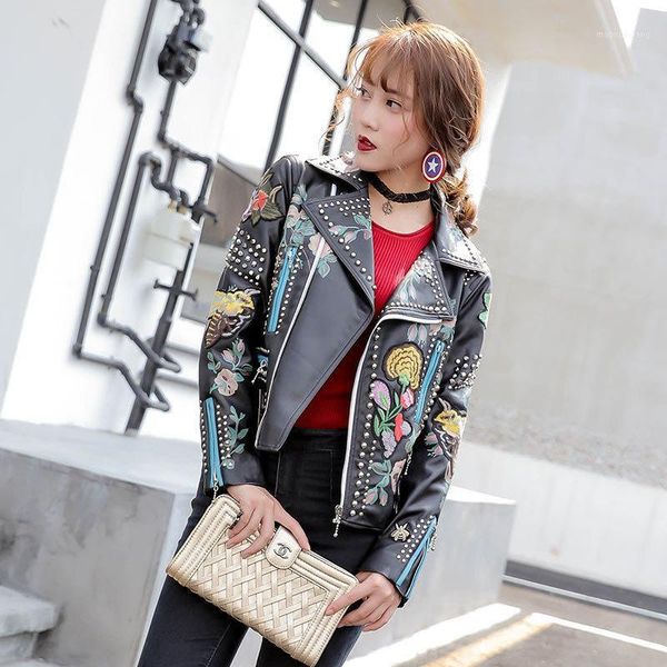 

star winter style pu clothes embroidery locomotive leather woman coat leather coat1, Black