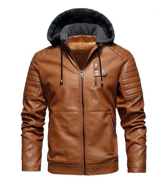 

winter-autumn fleece pu leather hooded drawstring stand collar classic fashion mens warm clothing casual jackets coats outwear1, Black