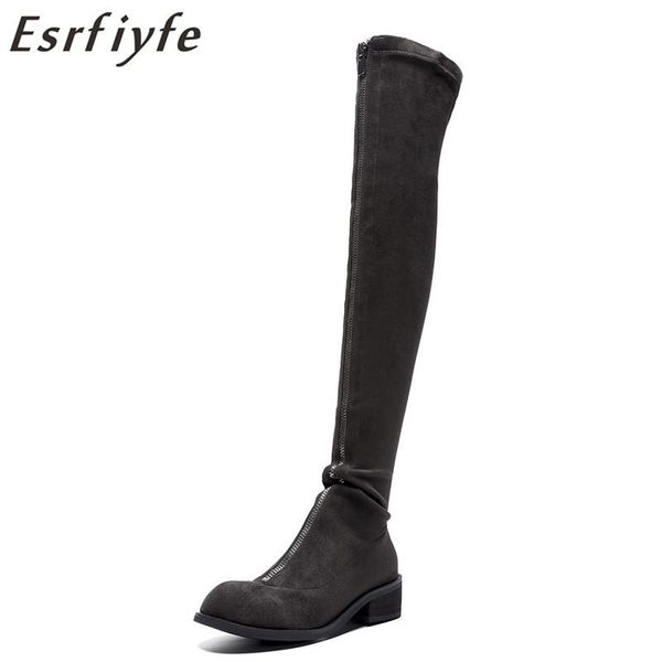 

esrfiyfe 2020 ladies shoes square low heel women over the knee boots scrub black round toe woman zip motorcycle boots size 34-43