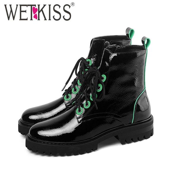 

wetkiss ankle boots woman cross tied patent booties mix color chunky heels shoes woman platform skid proof short boot ladies, Black