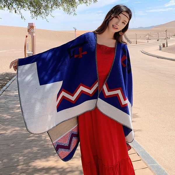 

scarves cape female scarf for autumn and winter imitation cashmere poncho warm shawl long travel blanket bib simple1, Blue;gray