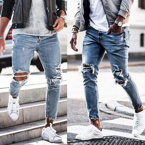 

blue jeans men streetwear destroyed ripped jeans homme hip hop broken male pencil trousers patch jogger street pants