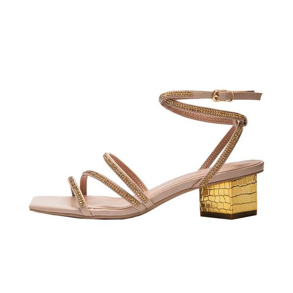

summer 2020 new rome women sandals one word buckle med thick heel peep-toe lady shoes square toe ankle strap cystal women heels, Black