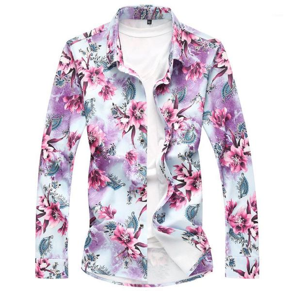 

2018 male fashion autumn prints lapel shirt men's large size hawaiian leisure long sleeve high-quality hit color shirt1, White;black