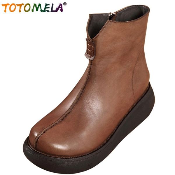 

totomela 2020 new arrival genuine leather ankle boots women shoes vintage casual zipper platform shoes solid winter boots, Black
