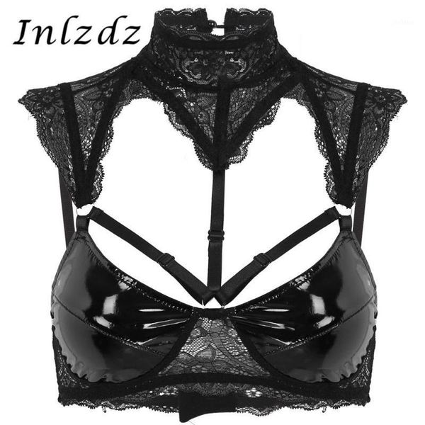 

womens lingerie bra sheer lace erotic costume halter neck patent leather cups bra hollow out wire-unlined crop 1, Red;black