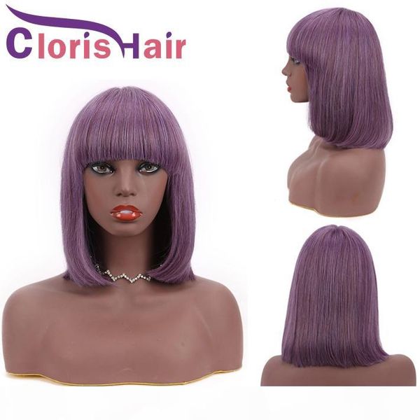 

purple human hair wig pixie cut straight peruvian remy front non lace glueless wigs for black women purple colored short bob wig with bangs, Black;brown