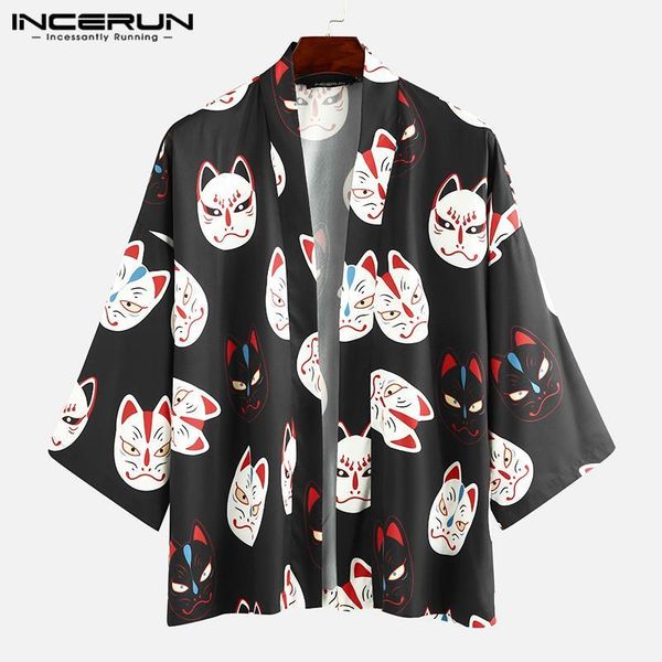 

incerun fashion men shirt printed japanese kimono casual 3/4 sleeve open stitch cardigan streetwear 2020 harajuku men s-5xl1, White;black