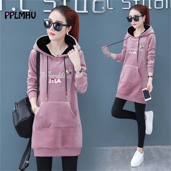 

3xl plus size long sleeve velvet thicked long-lenght hoodie coat women sportwear autumn winter pullovers pocket weatshirt 201209, Black