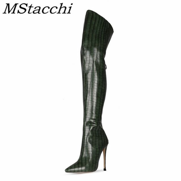 

mstacchi retro plaid stripes fine heel women boots over the knee back zipper 2020 fashion pointed ladies shoes botas de mujer 1026, Black