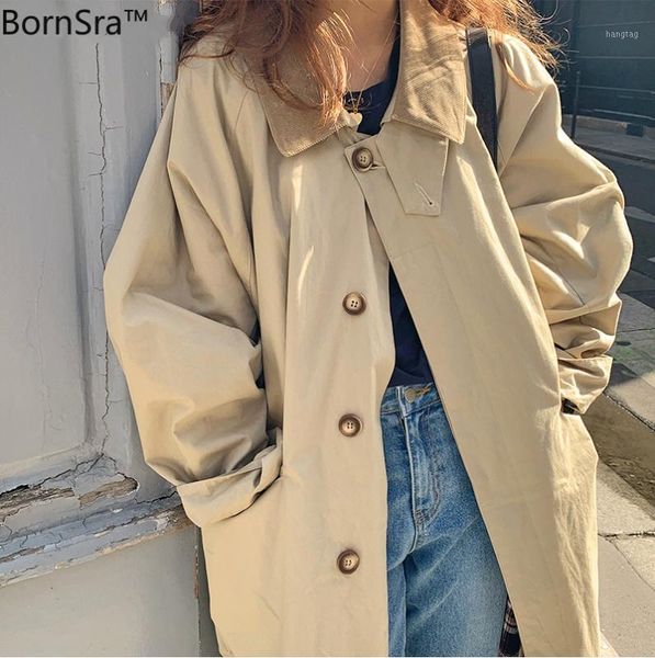 

bornsra hit color collar loose vintage overcoat 2020 spring winter single-breasted women trench coat female windbreaker outwear1, Tan;black
