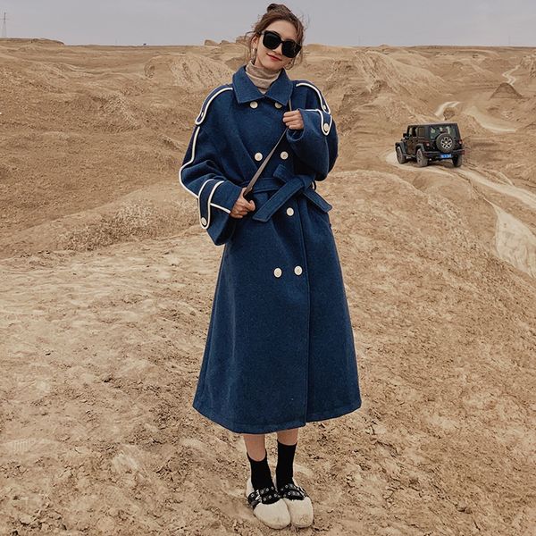 

2021 new female haze blue wool long style new korean winter released on the knee plus jacket1k k3zu, Black