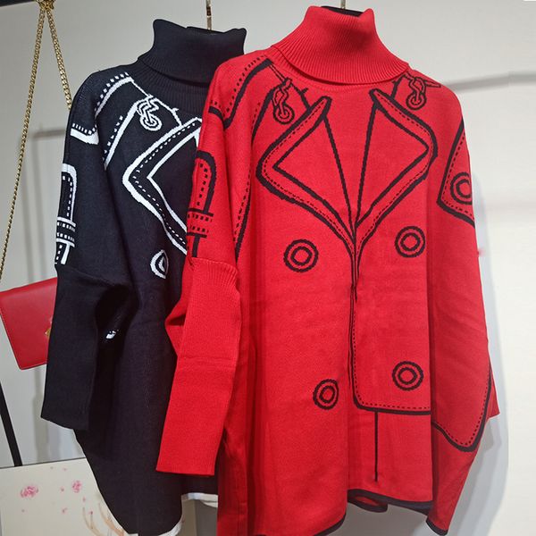 

[ewq] 2020 autumn new pattern turtleneck collar print patchwork knitting pullvoers streetwear sweater women lj201112, White;black